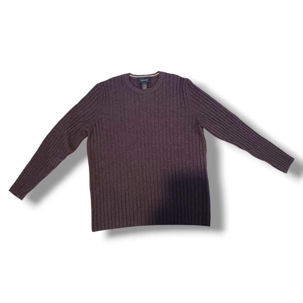 Vintage Express Merino Wool Blend Sweater-Size XL-Brown-Ribbed-Round Neck-90s